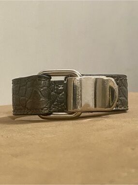 Men's Black Croc-Texture Leather Bracelet with Silver Accent